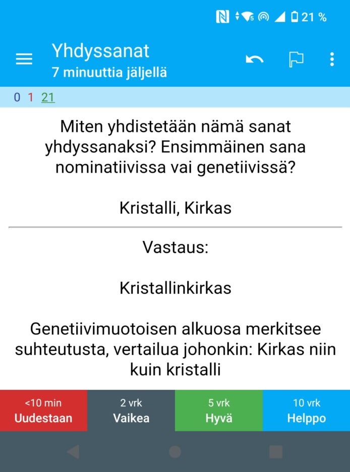 Esimerkki Anki-kortista. Takapuoli.